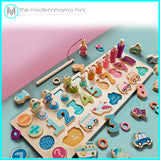 Montessori 5 in 1 Number Board Early Learning Transportation, Animals, Fruits, Shapes great as gift