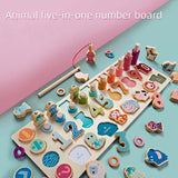 Montessori 5 in 1 Number Board Early Learning Transportation, Animals, Fruits, Shapes great as gift